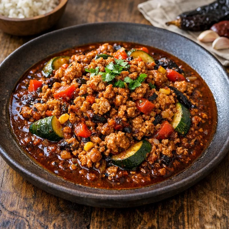 Carne Molida de Pavo en Salsa de Chile Pasilla con Tomate