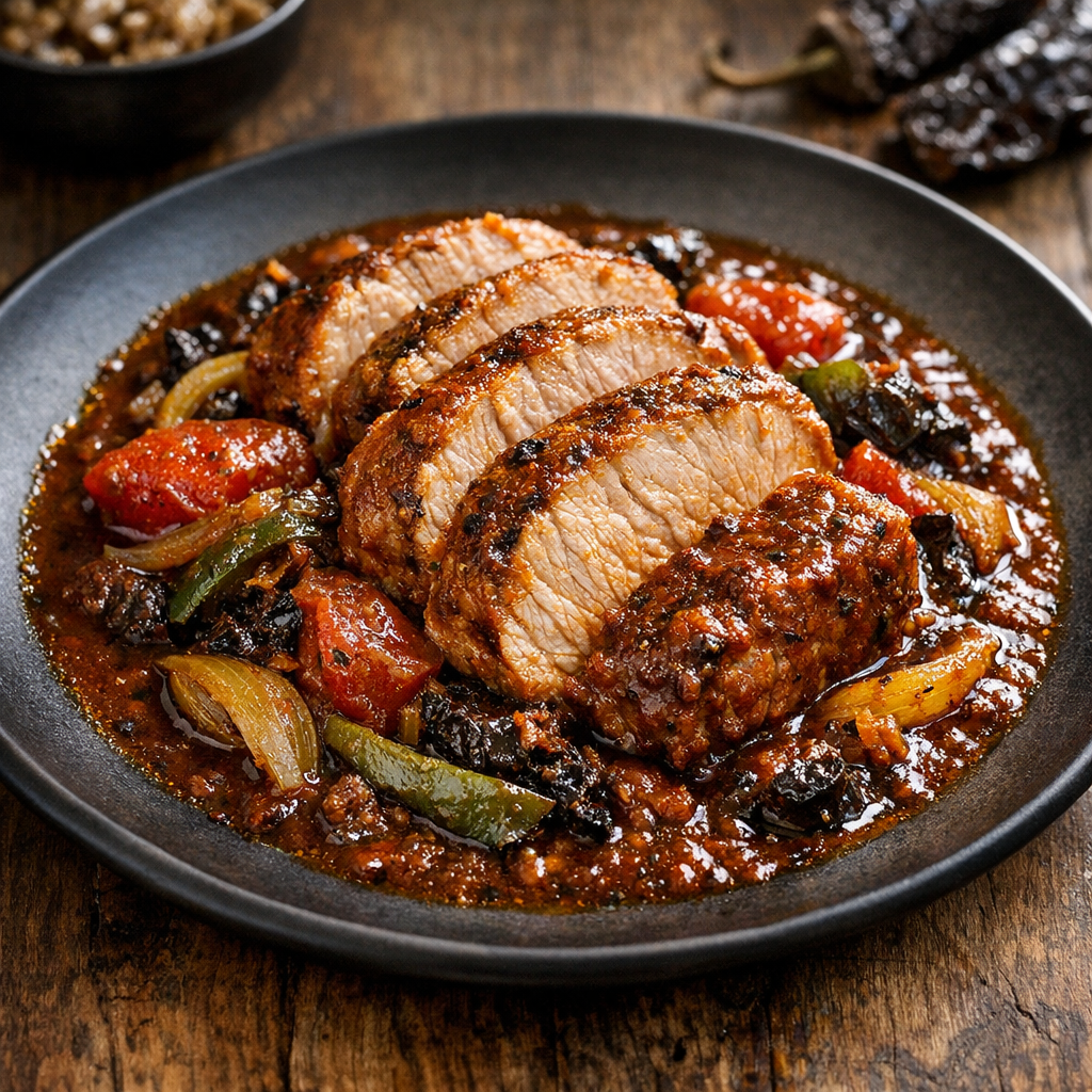Lomo de Cerdo Magro en Salsa de Chile Pasilla con Tomate