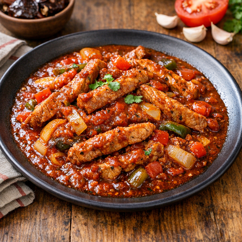 Lomo de Cerdo en Tiras Magras en Salsa de Chile Cascabel y Tomate