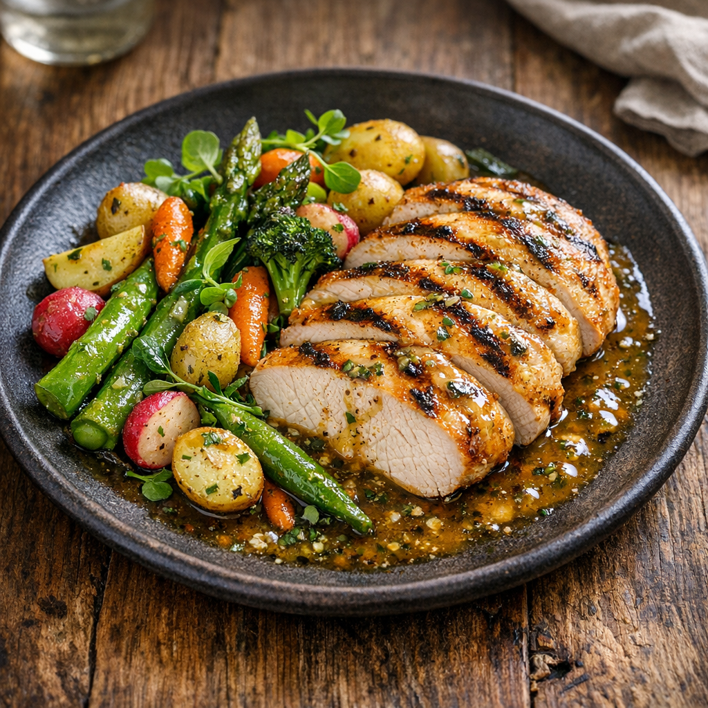 Pechuga de Pavo a la Parrilla al Vapor con Verduras Primavera