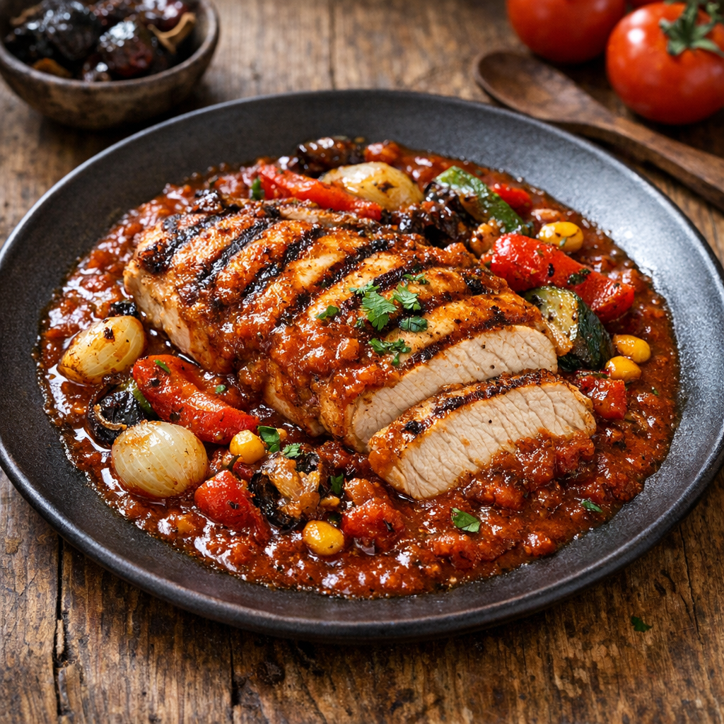 Pechuga de Pavo a la Parrilla en Salsa de Chile Cascabel y Tomate