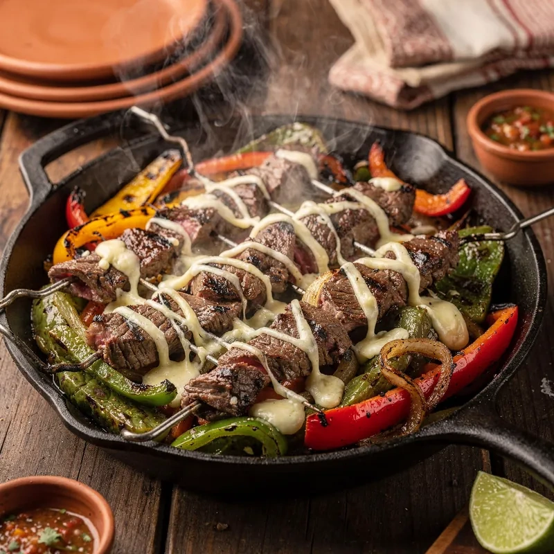Alambre de Filete de Res con Nopales Asados y Queso Oaxaca