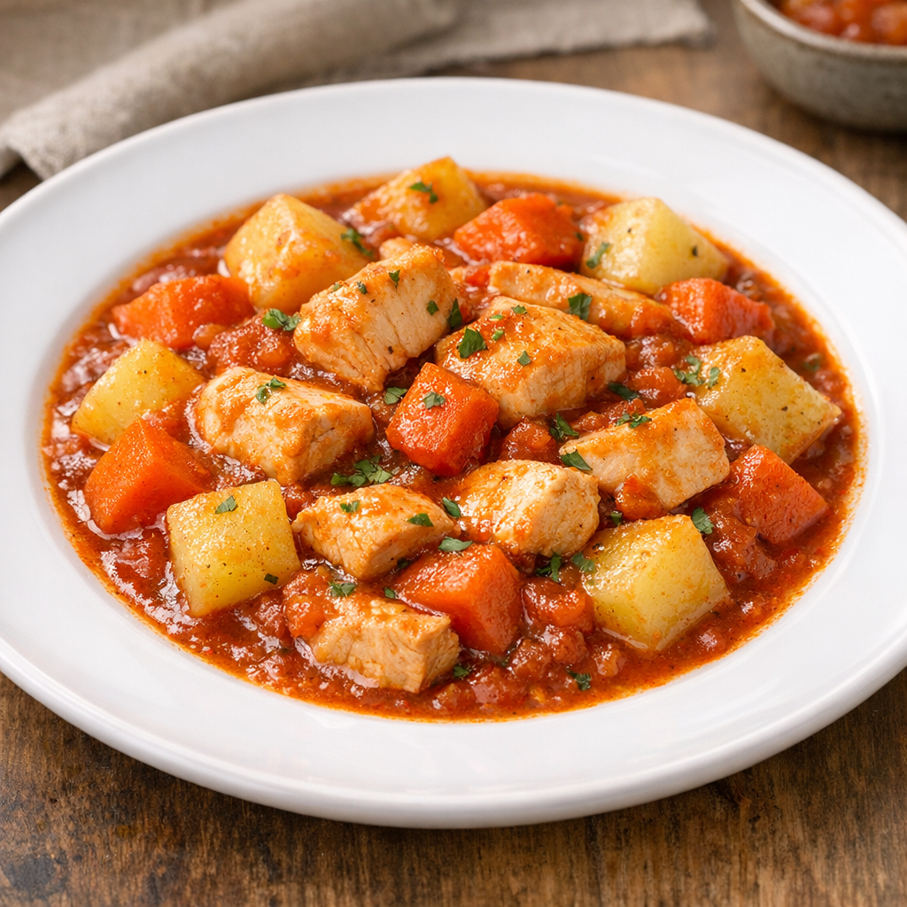 Pollo Entomatado con Papa y Zanahoria estilo Casero