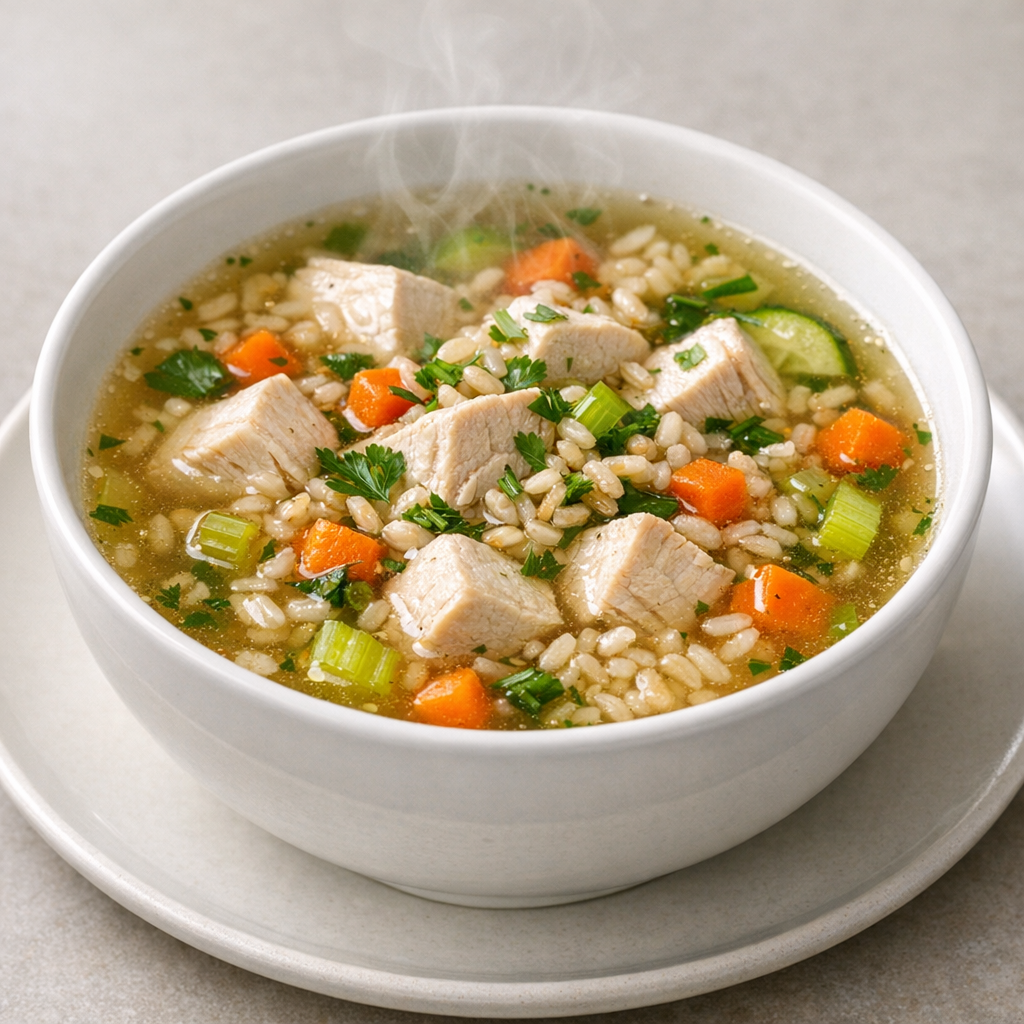 Consomé Claro de Pechuga de Pavo con Arroz Integral
