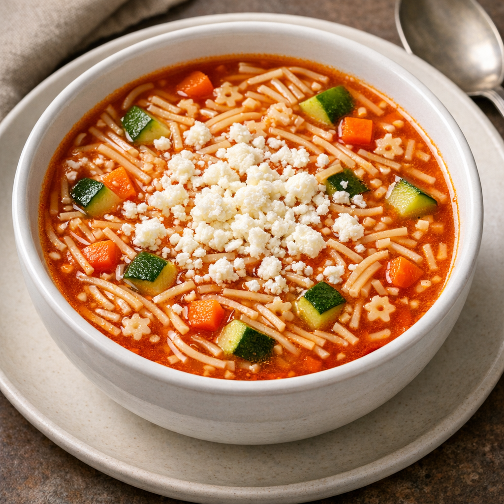 Sopa de Fideo con Calabacitas y Queso Cotija