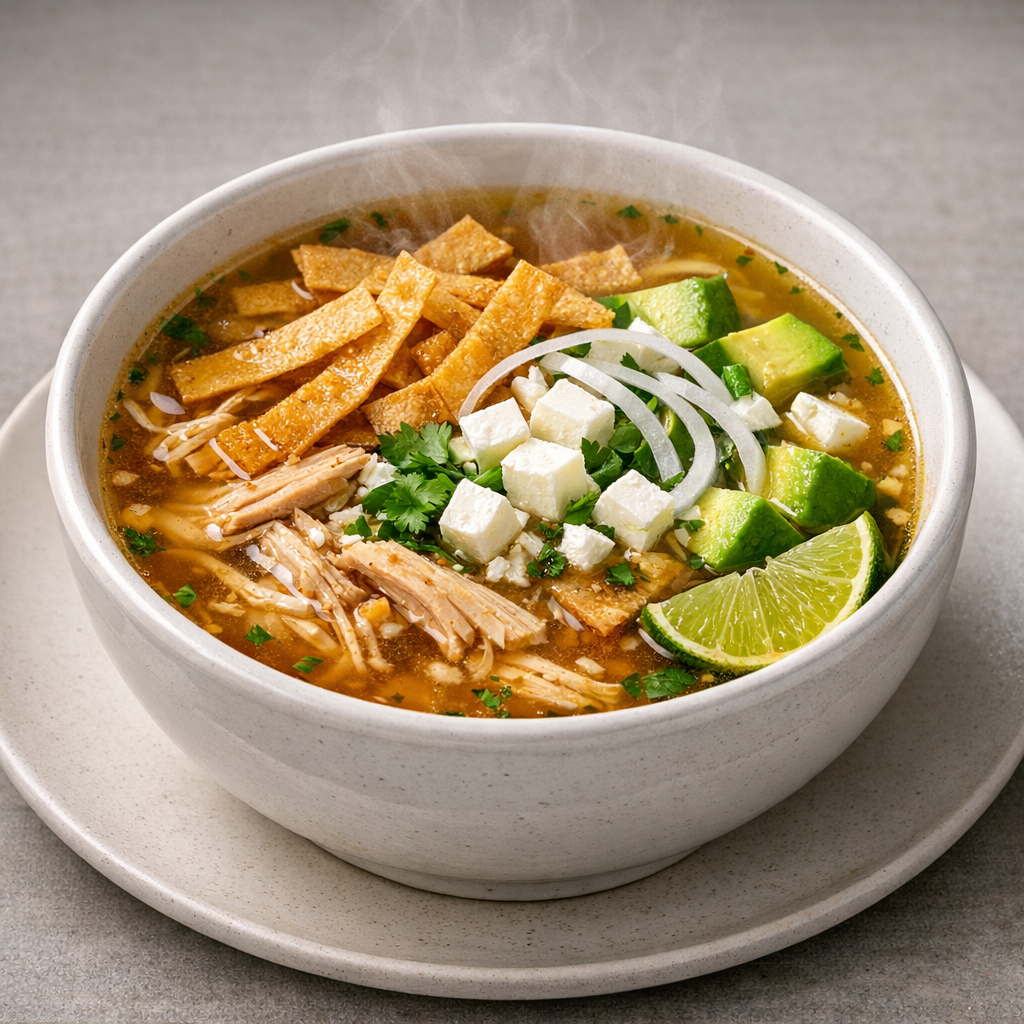 Consomé Rápido de Pollo con Tiras de Tortilla