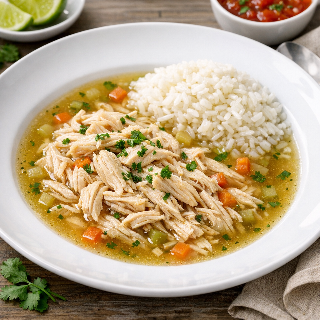 Pollo Deshebrado en Caldillo Claro con Arroz