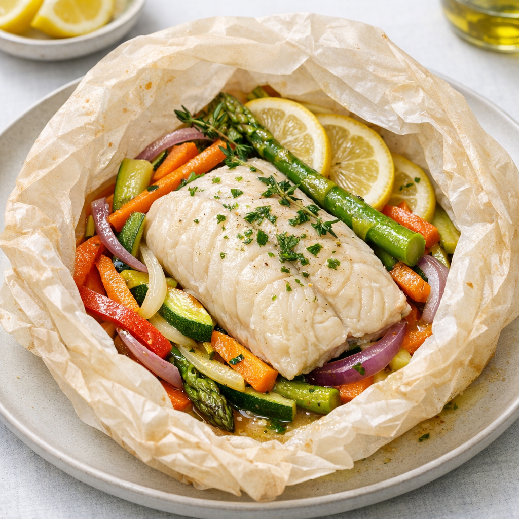 Pescado Empapelado al Vapor con Verduras