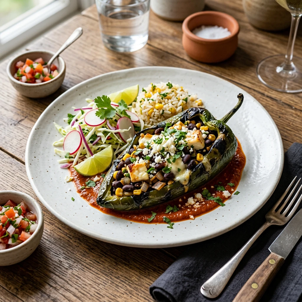 Poblanos Rellenos de Frijol Negro y Panela