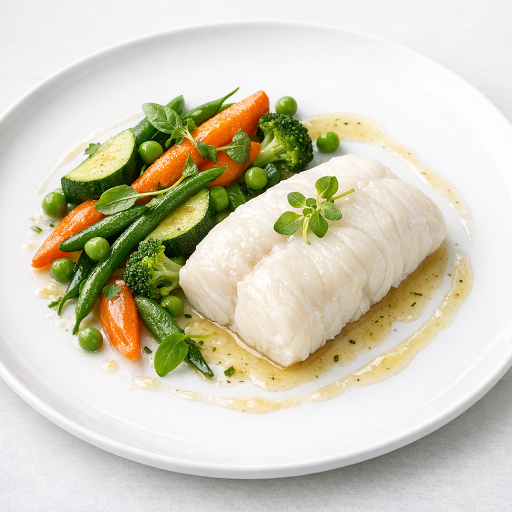 Filete de Corvina al Vapor con Verduras Primavera