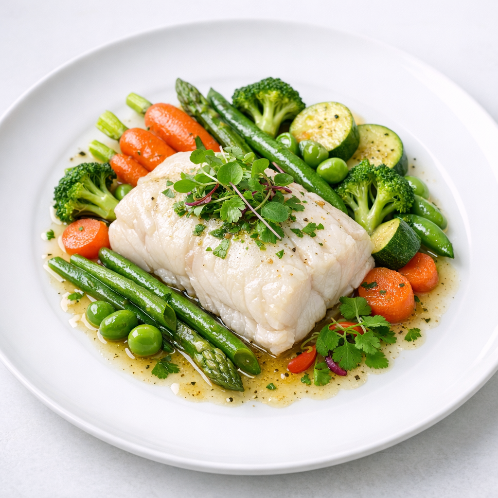 Filete de Mero al Vapor con Verduras Primavera