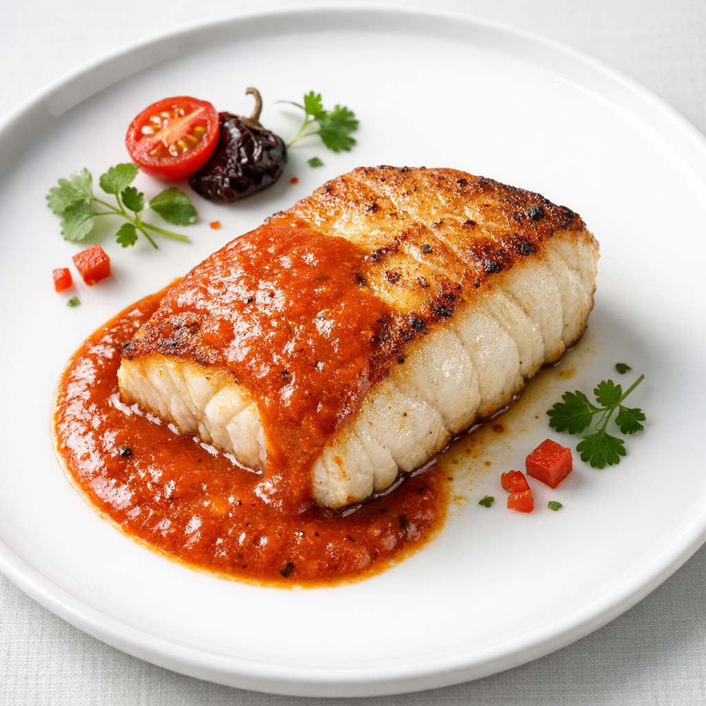 Filete de Mero en Salsa de Chile Cascabel y Tomate