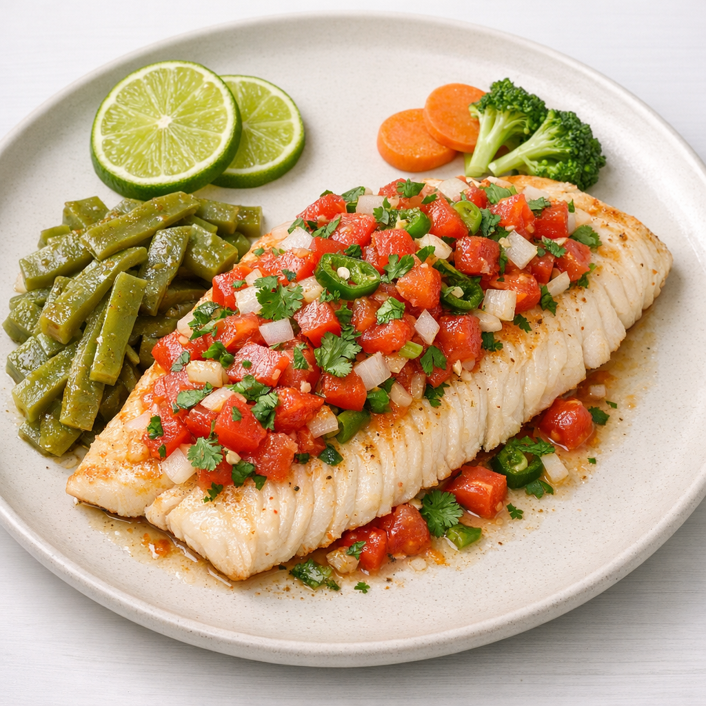 Filete de Pescado Blanco a la Mexicana con Nopales
