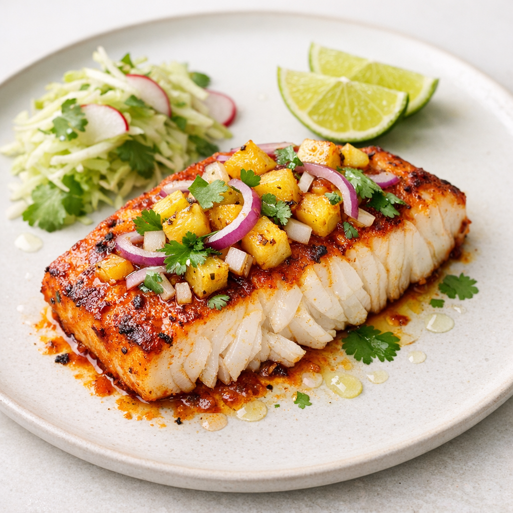 Filete de Pescado Blanco al Pastor Ligero con Piña