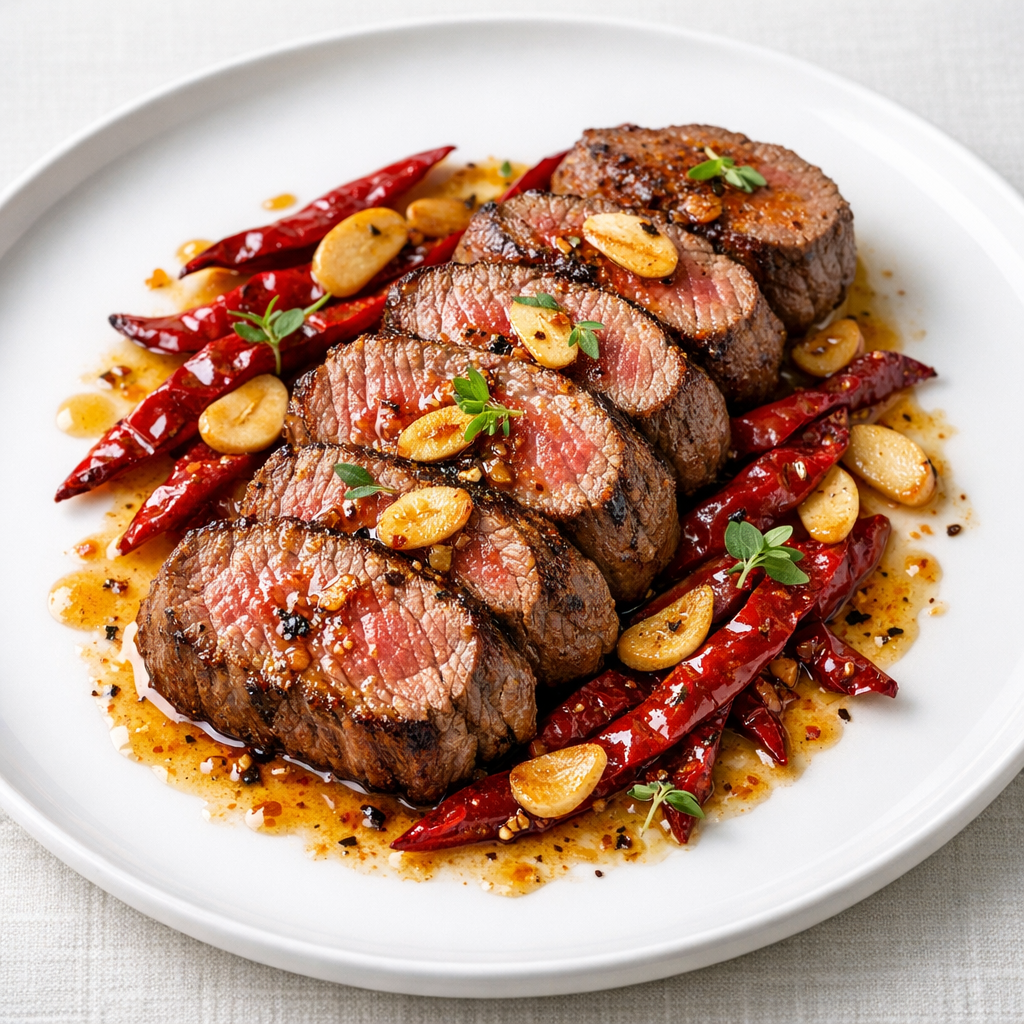 Filete de Res Magro al Ajillo con Tiras de Chile Guajillo