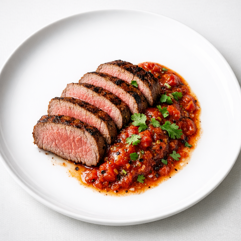 Filete de Res Magro en Salsa Martajada de Jitomate y Cilantro