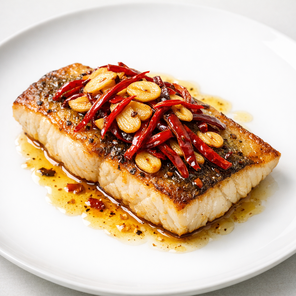 Filete de Robalo al Ajillo con Tiras de Chile Guajillo