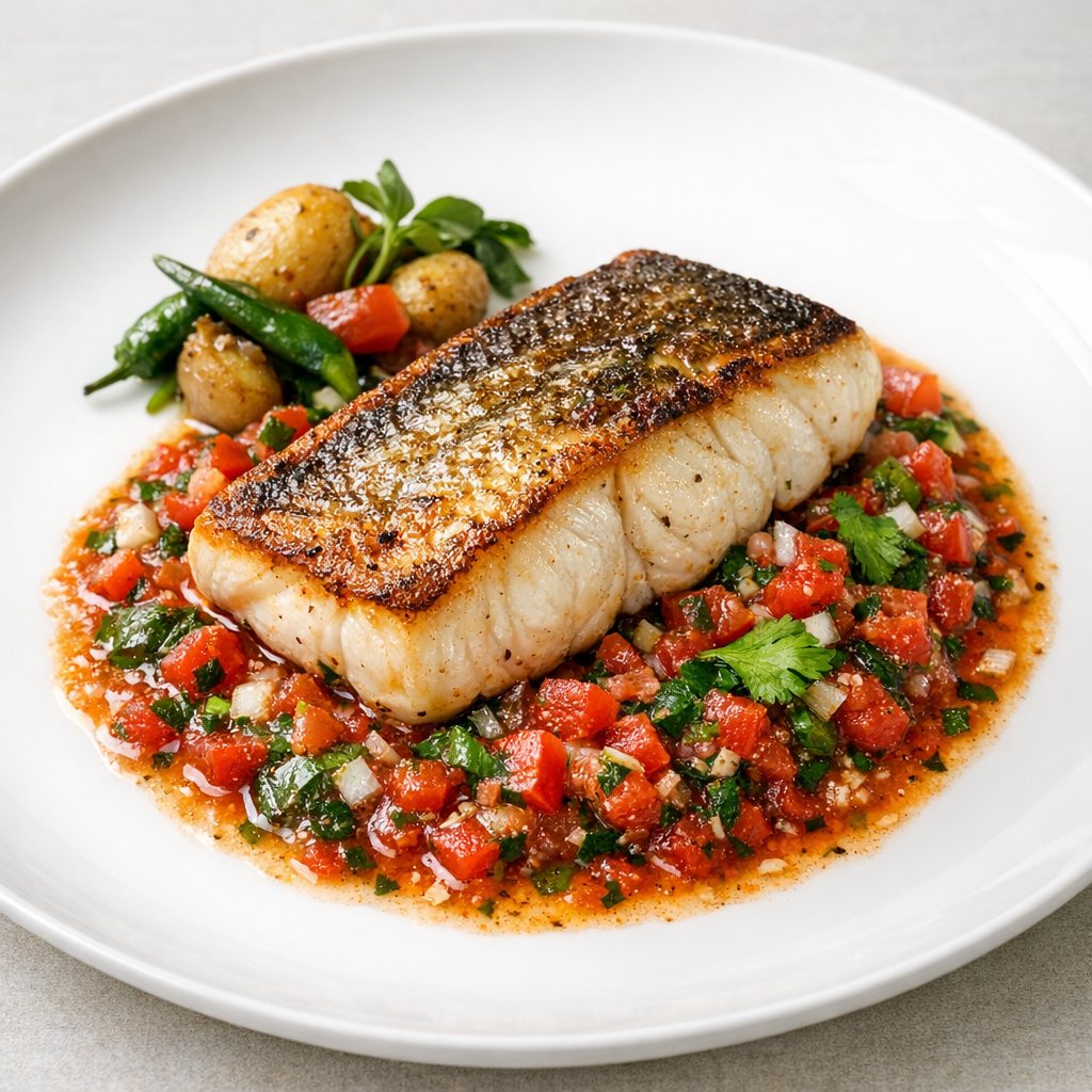 Filete de Robalo en Salsa Martajada de Jitomate y Cilantro