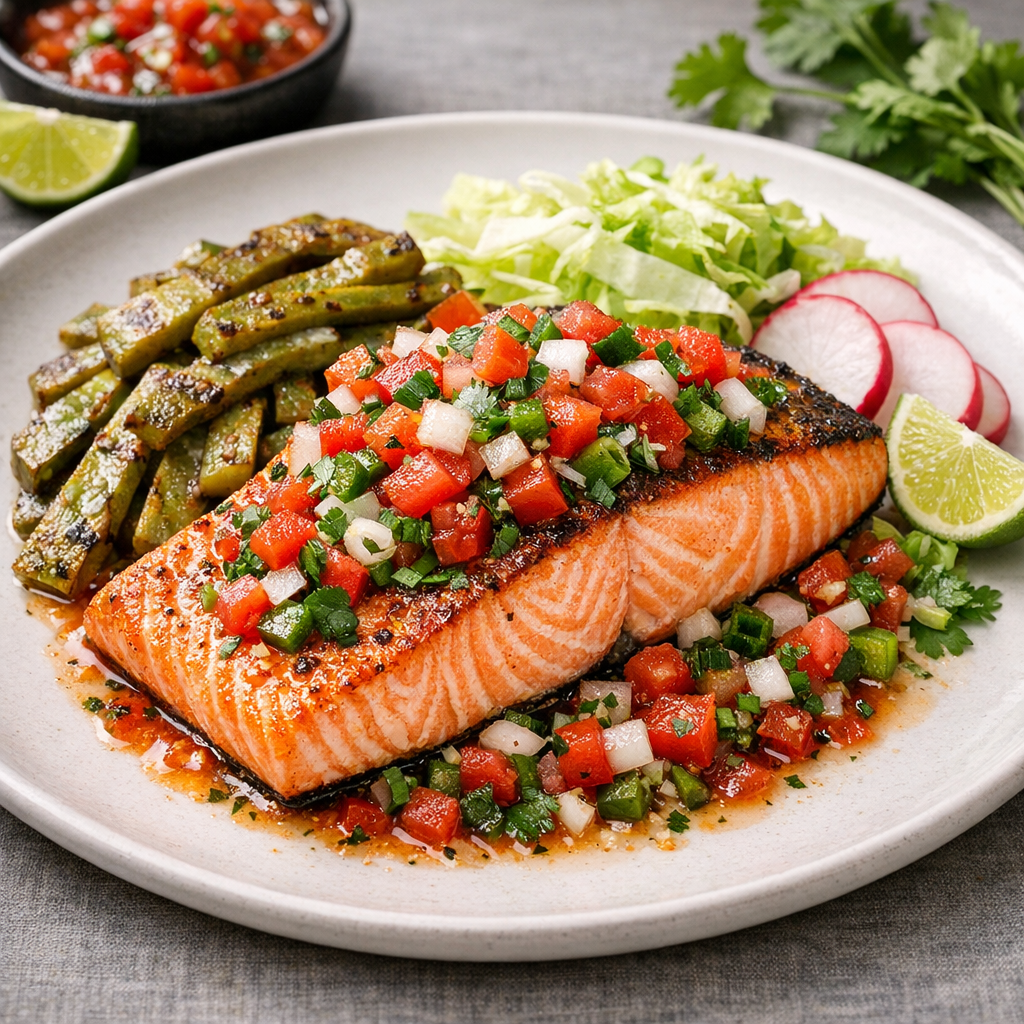 Filete de Salmón a la Mexicana con Nopales
