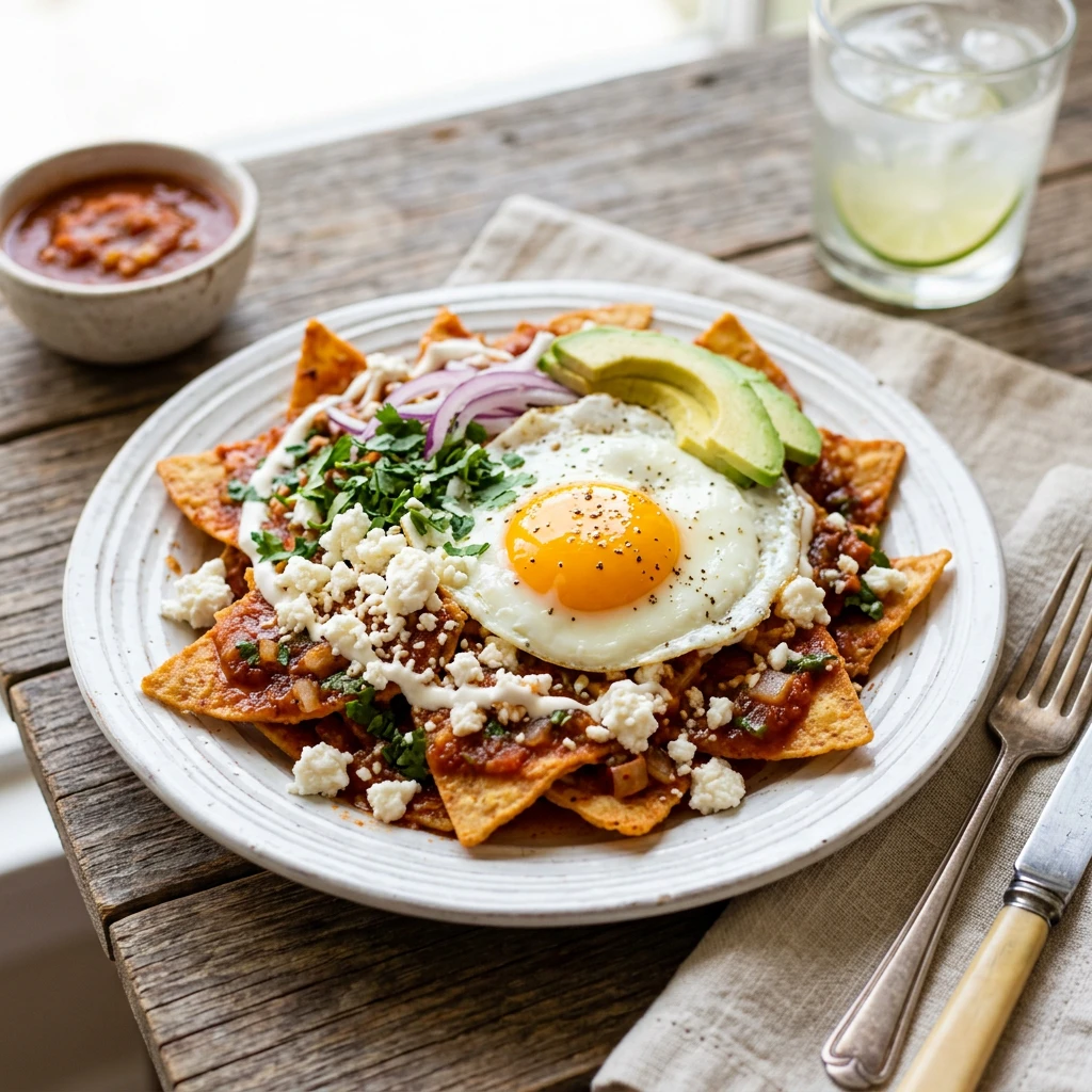 Chilaquiles Rojos al Comal con Huevo y Queso Panela