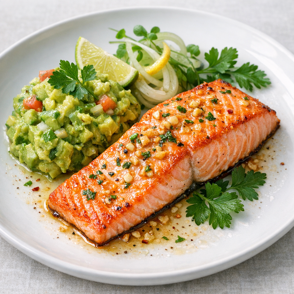 Filete de Salmón al Ajillo Suave con Guacamole