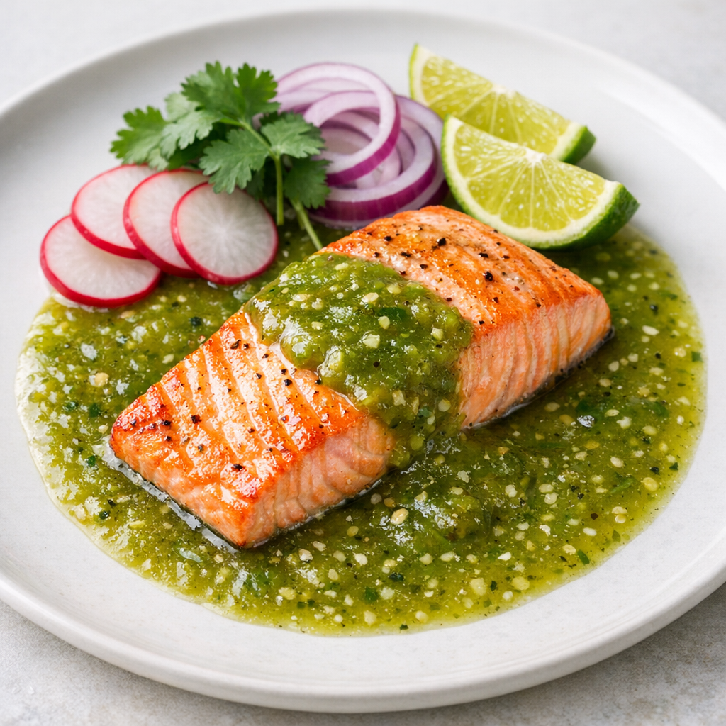 Filete de Salmón en Salsa Verde de Tomatillo