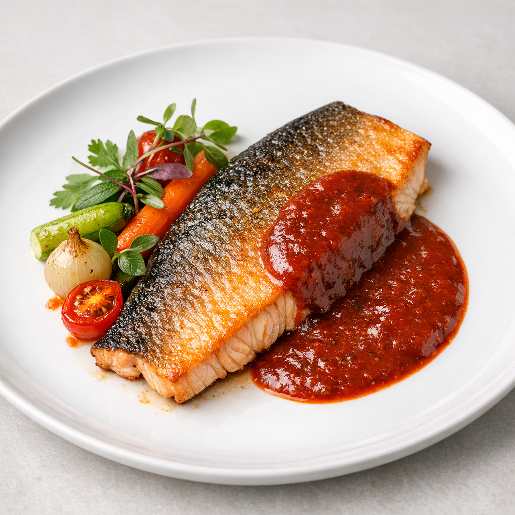 Filete de Trucha en Salsa de Chile Pasilla con Tomate