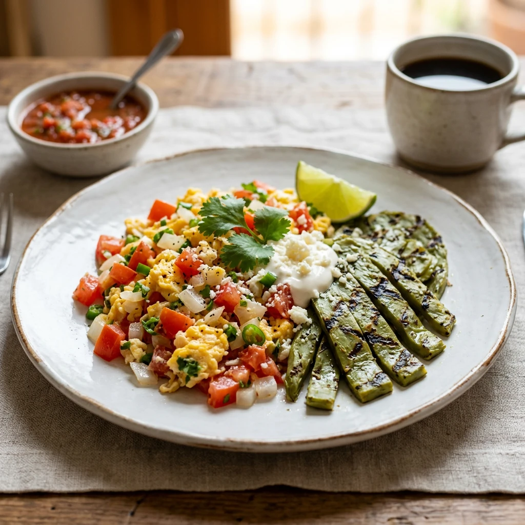 Huevos a la Mexicana con Nopales Asados al Comal