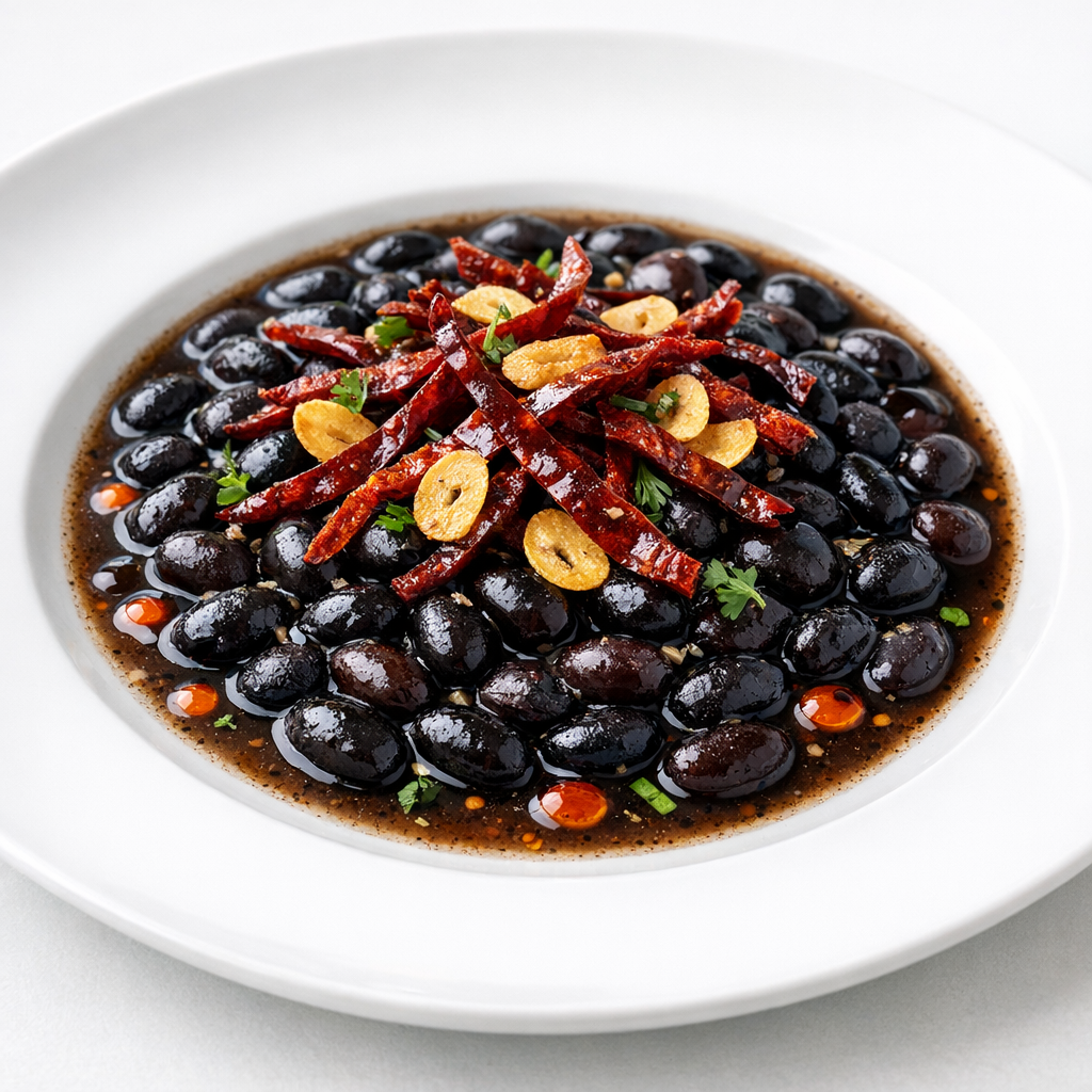 Frijoles Negros de la Olla al Ajillo con Tiras de Chile Guajillo
