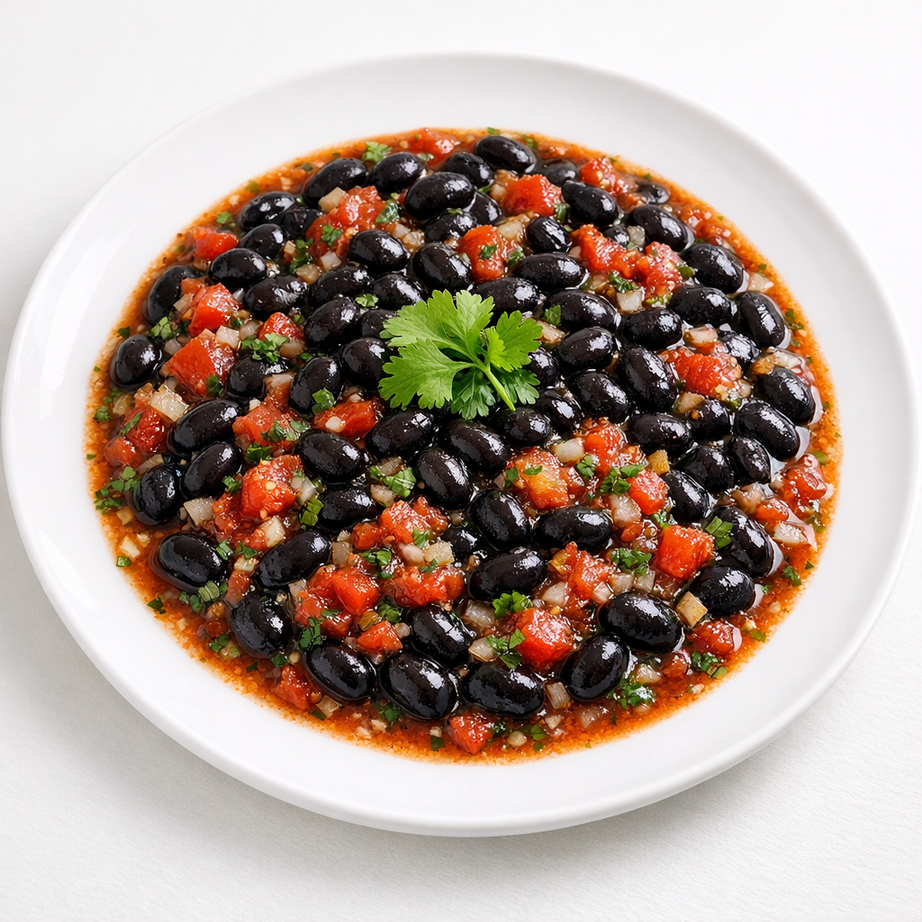 Frijoles Negros de la Olla en Salsa Martajada de Jitomate y Cilantro