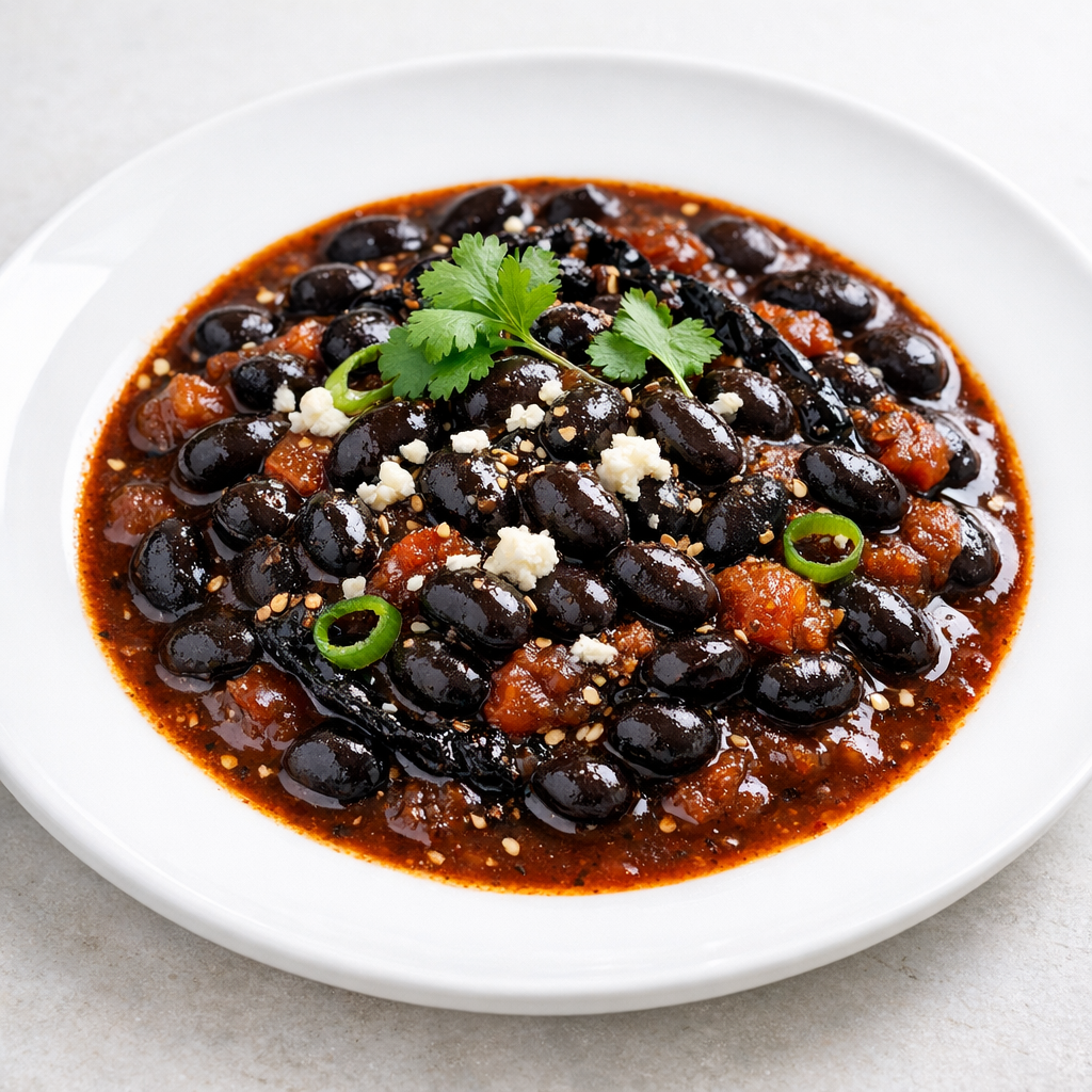 Frijoles Negros de la Olla en Salsa de Chile Pasilla con Tomate