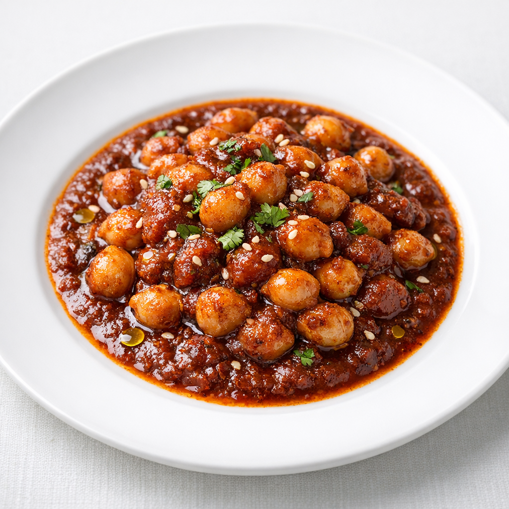 Garbanzos de la Olla en Salsa de Chile Pasilla con Tomate