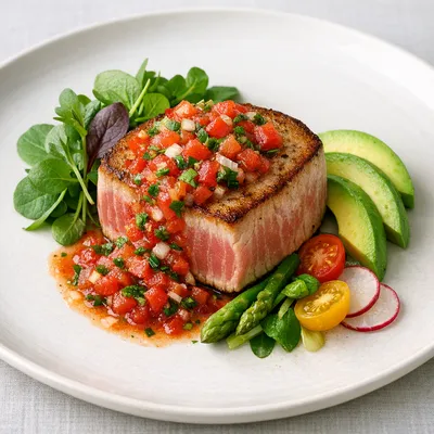 Medallón de Atún en Salsa Martajada de Jitomate y Cilantro