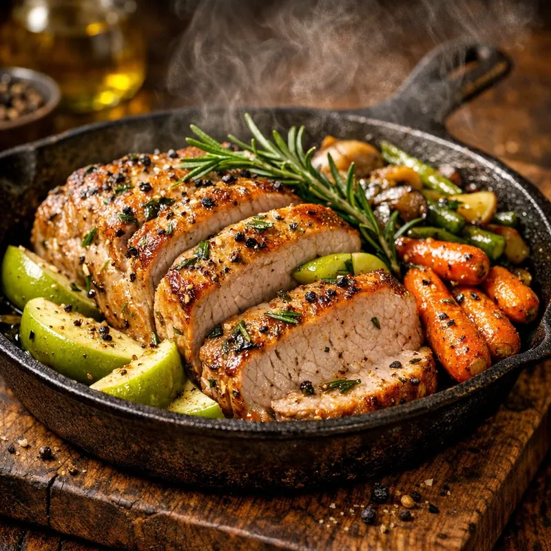 Lomo de Cerdo al Horno con Romero, Manzana y Verduras