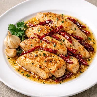 Pechuga de Pavo al Ajillo con Tiras de Chile Guajillo