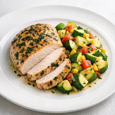 Pechuga de Pavo al Epazote con Calabacitas Criollas