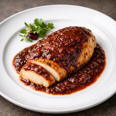 Pechuga de Pollo Orgánica en Salsa de Chile Pasilla con Tomate