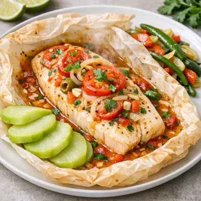 Pescado Empapelado Suave con Chayote