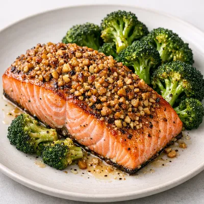 Salmón al Horno con Costra de Nuez y Brócoli