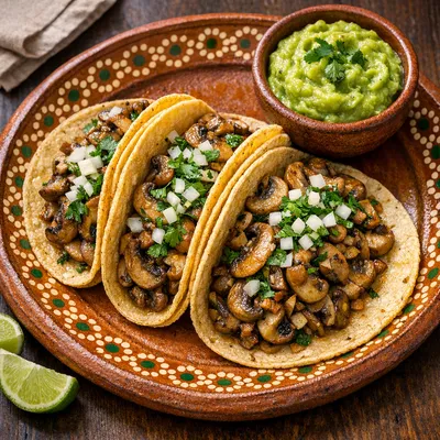 Tacos de Champiñones al Ajillo con Guacamole