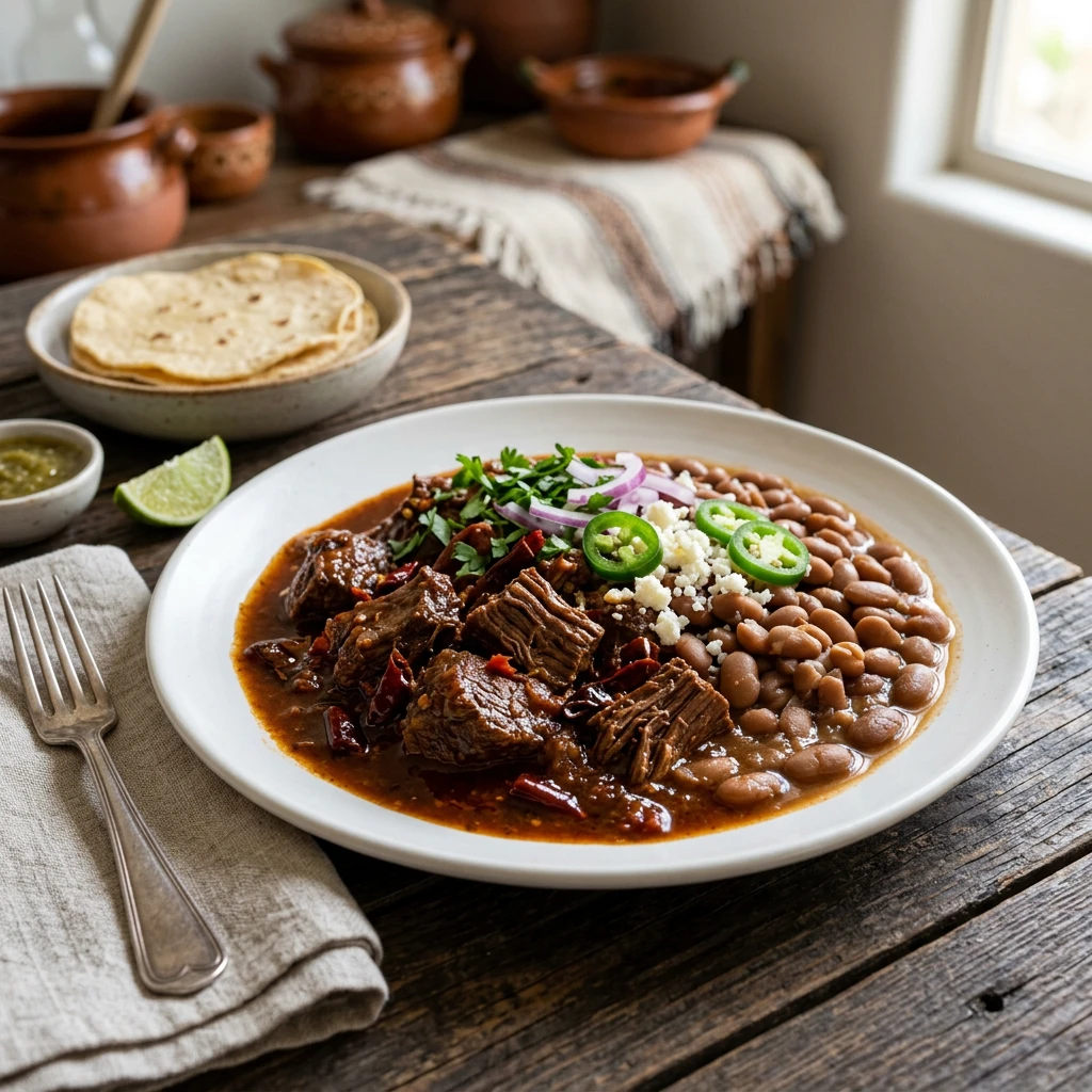 Carne con Chile de Árbol y Frijoles