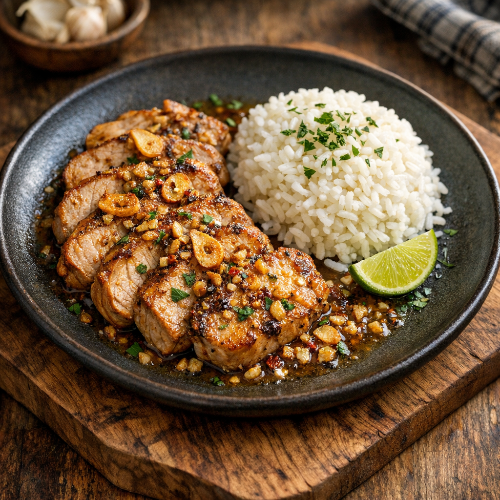 Lomo de Cerdo al Mojo de Ajo con Arroz Blanco