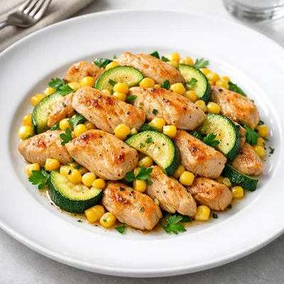 Pollo Salteado con Calabacitas y Elote Tierno