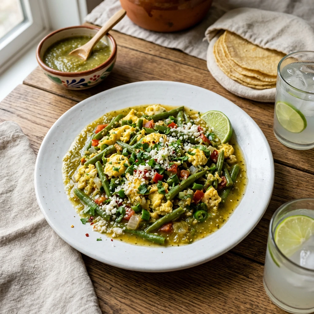 Ejotes con Huevo a la Mexicana en Salsa Verde