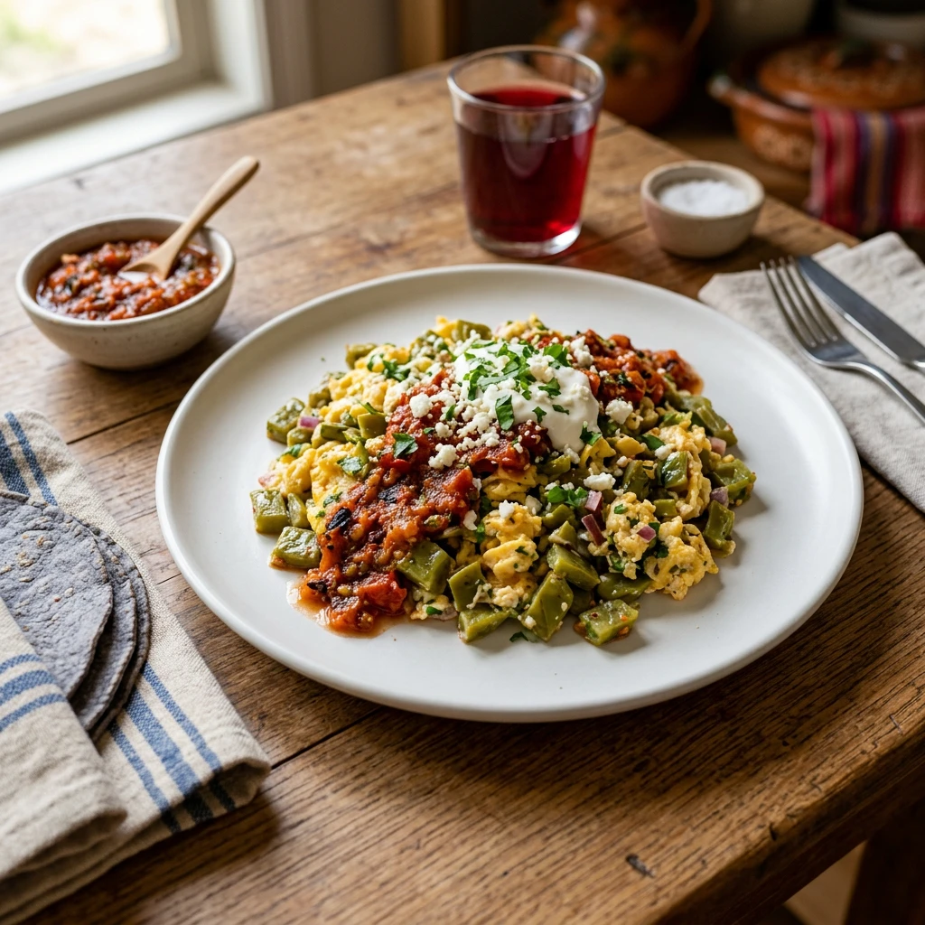 Huevos Revueltos con Nopales y Salsa Martajada