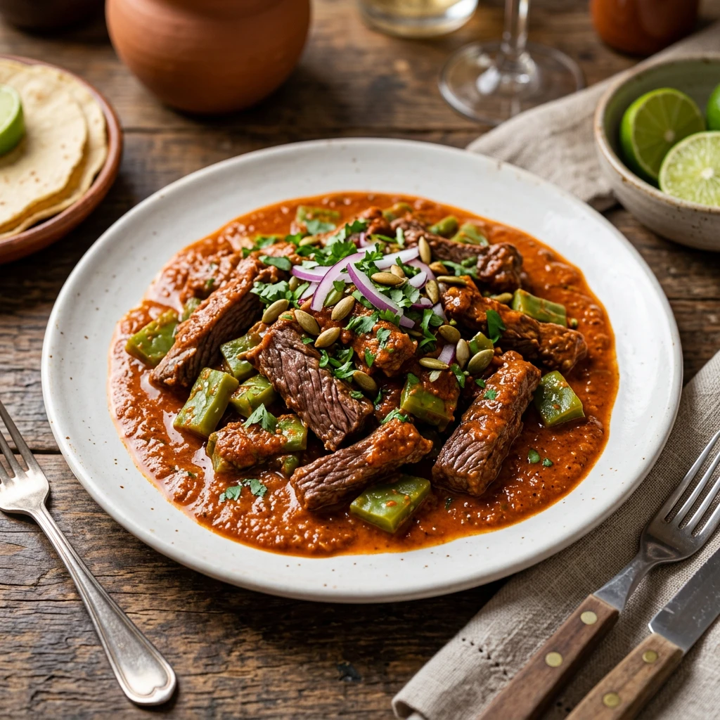 Pipián Rojo con Carne de Res Magra y Nopales
