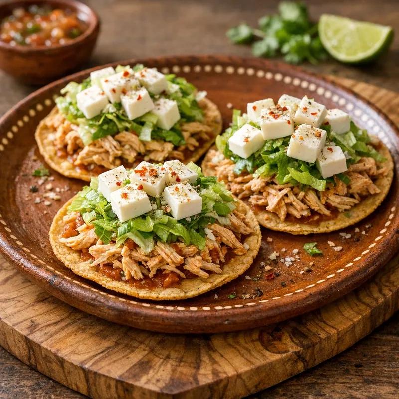 Tostadas de Pollo Deshebrado con Lechuga y Panela