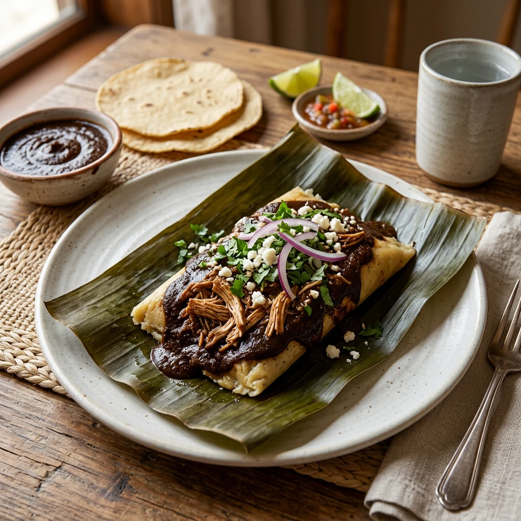 Tamal Oaxaqueño de Pollo en Mole Negro en Hoja de Plátano
