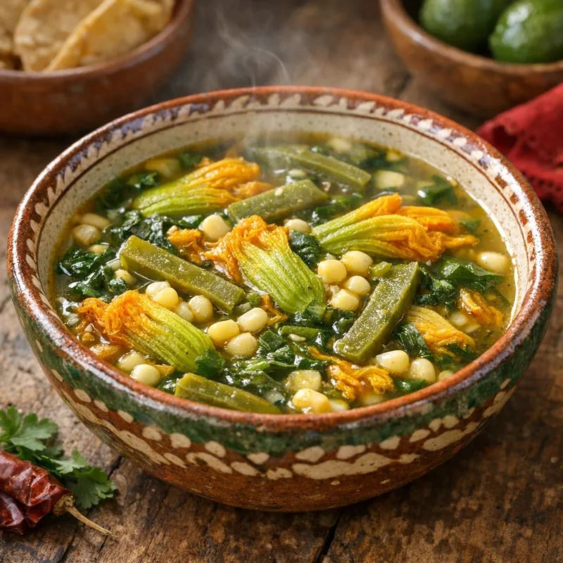 Sopa de Milpa Tradicional con Flor de Calabaza, Nopales y Granos de Elote