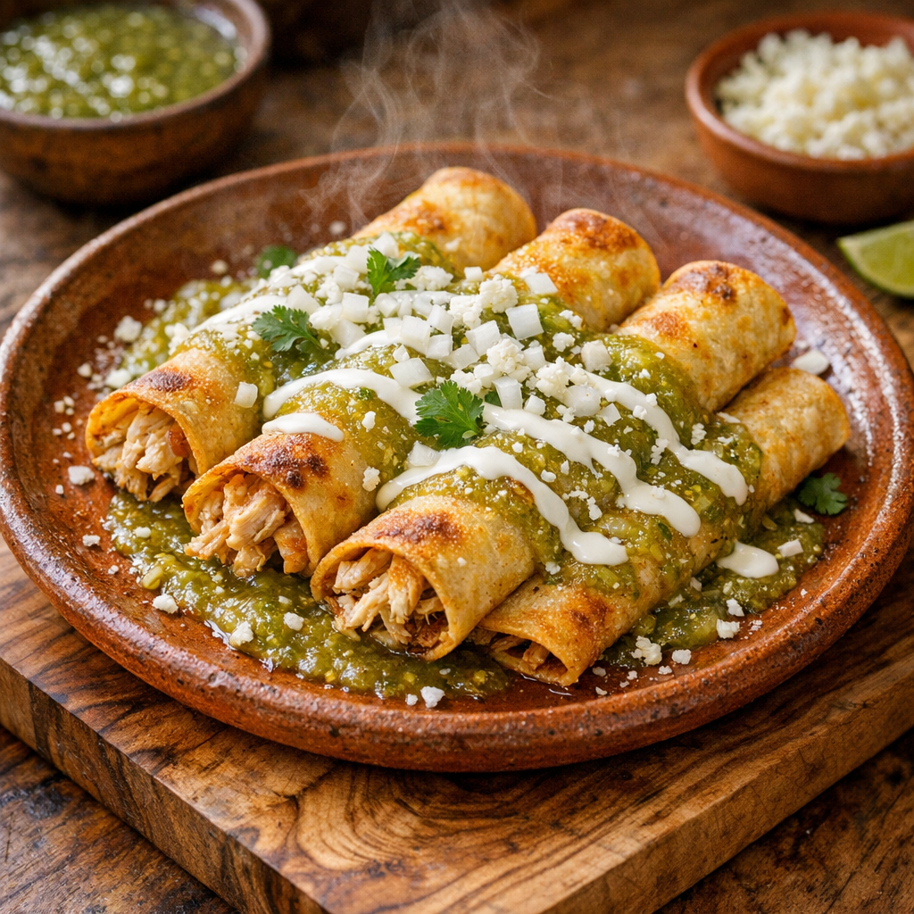 Flautas Horneadas de Pollo con Salsa Verde